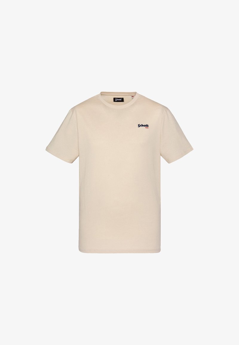 T-shirt en coton beige avec un col rond, des manches courtes et un petit logo « Schott » bleu marine sur le côté gauche de la poitrine.