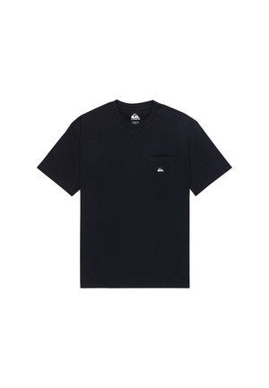 Čierne bavlnené tričko s krátkymi rukávmi, okrúhlym výstrihom a ľavým vreckom na hrudi s logom. Hladká textúra, voľný strih.