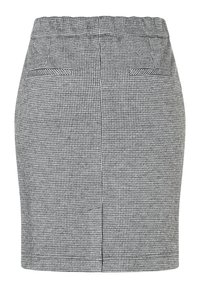 Grau-schwarz-karierte Rock mit tailliertem Design, ausgestattet mit einem elastischen Bund und zwei Gesäßtaschen. Glatte Textur.