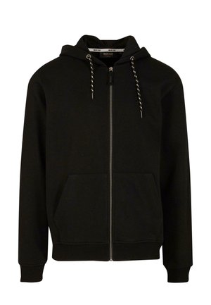 Juodas zip-up džemperis, pagamintas iš medvilnės ir poliesterio mišinio. Savybės: su škotų kapu, dviem priekinių kišenėmis ir elastinėmis rankovėmis bei apačia. Švelni tekstūra.