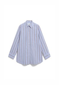 Lichtblauw overhemd met kraag en verticale strepen in donkerblauw en roestkleur. Voorzien van knoopsluiting, lange mouwen en een borstzak.