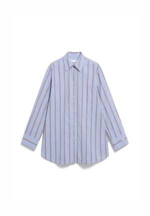 Light blue collared shirt with vertical stripes in darker blue and rust. Features button closure, long sleeves, and a chest pocket.