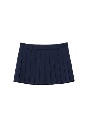 Marineblauwe geplooide rok met riemlussen, korte lengte en gestructureerde tailleband, weergegeven op een witte achtergrond.