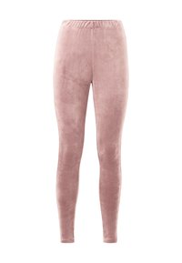 Roze, rekbare leggings van zacht, fluwelen materiaal. Voorzien van een elastische tailleband en een aansluitend ontwerp. Geen zichtbare naden of details.