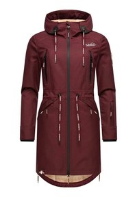 Burgundy outdoor jacket with a hood, featuring multiple zippered pockets, adjustable drawstrings, and contrasting interior lining.