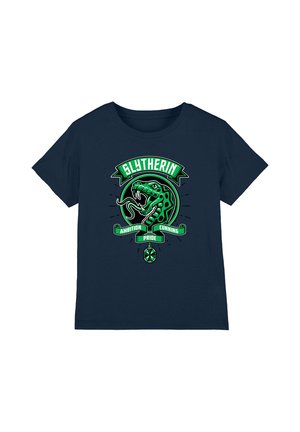 Navy blue t-shirt with a green and white Slytherin snake logo and banners reading ambition, pride, and cunning.