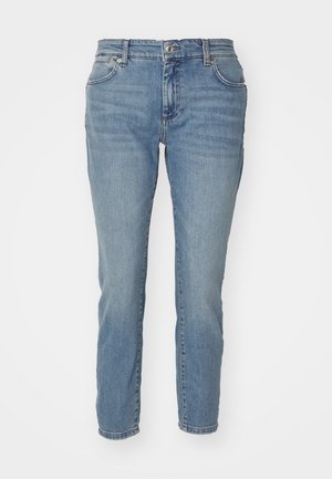 Light blue denim jeans with a slim fit, button closure, and five-pocket design. Features subtle fading and a straight leg cut.