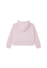 Rosa kortärmad hoodie i mjukt tyg, med huva och vit text "PEPE JEANS LONDON" på nederkanten. Slät yta, avslappnad passform.