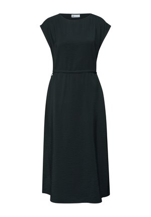 Schwarzes ärmelloses Midikleid mit rundem Ausschnitt und dezentem Taillengürtel, glatter, strukturierter Stoff und gerader Saum.