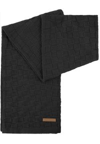 Schwarzer gestrickter Schal mit einem strukturierten Schachbrettmuster und einem Lederetikett. Weiches Material in rechteckiger Form, geeignet für kaltes Wetter.
