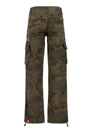 Cargo pants in a dark green camo pattern, made from sturdy fabric. Features cargo pockets, adjustable cuffs, and a woven brand label.