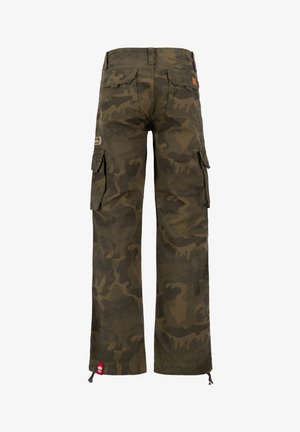 Tums vācu bikses tumši zaļā kamuflāžas rakstā, izgatavotas no izturīga auduma. Tām ir kabatas, regulējami piedurkņu gali un austs zīmola etiķete.