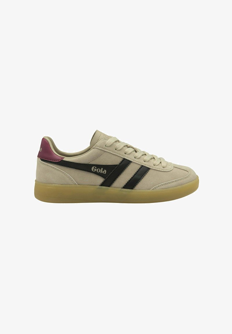 Gola sneakers featuring a beige suede upper, black leather stripes, and a maroon heel tab on a gum rubber outsole.
