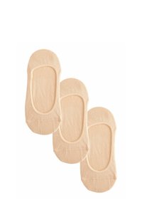 Beige Baumwollsocken in einer Packung mit drei Paar. Mit einem knöchelhohen Design, glatter, gerippter Textur und elastischen Öffnungen.