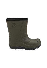 Botte verte synthétique imperméable avec une finition texturée, hauteur au niveau de la cheville, et une semelle en caoutchouc durable dotée de rainures de traction.