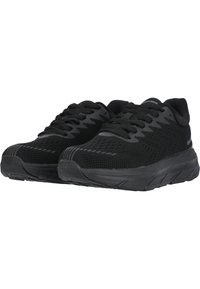 Scarpe sportive nere realizzate in mesh traspirante, con una parte superiore strutturata, chiusura con lacci e suola imbottita con un design del battistrada a motivo.