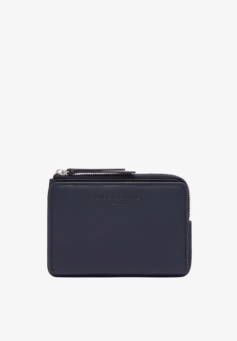 Portefeuille en cuir marine avec fermeture éclair, logo embossé et texture lisse. Forme rectangulaire compacte avec bords arrondis.