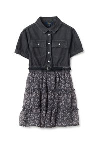 Abito camicia in denim con maniche corte, due tasche sul petto, vita arricciata e gonna a strati con motivo floreale scuro. Colore: grigio scuro.