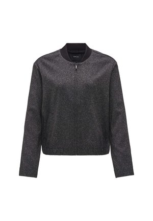 Black bomber jacket with a textured fabric, ribbed cuffs and collar, front zip closure, and side pockets. Simple and modern design.