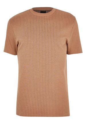 Braunes Kurzarm-Ripptop mit Rundhalsausschnitt und vertikalem Streifenmuster.