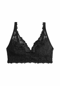 Schwarzes Spitzen-Bralette mit V-Ausschnitt, wellenförmigen Kanten und verstellbaren Trägern. Die zarte Spitze zeigt ein durchgängiges Blumenmuster.
