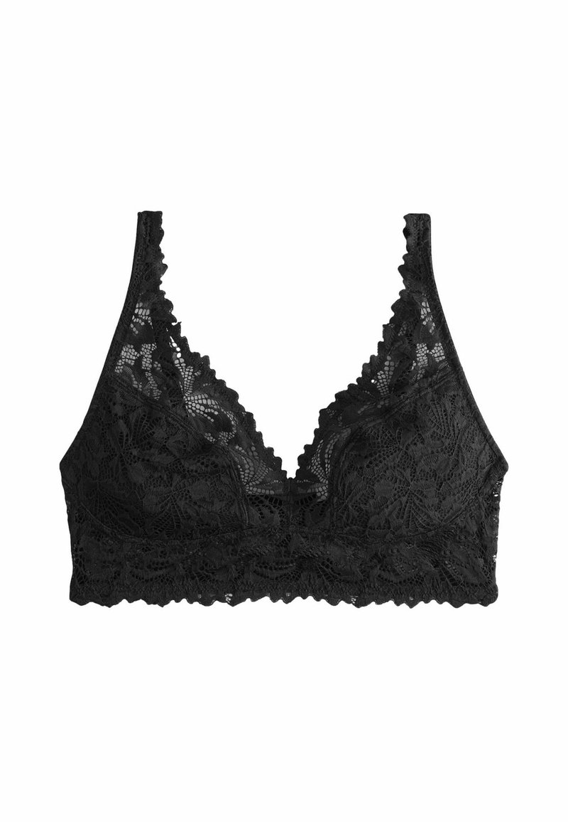 Schwarzes Spitzen-Bralette mit V-Ausschnitt, wellenförmigen Kanten und verstellbaren Trägern. Die zarte Spitze zeigt ein durchgängiges Blumenmuster.