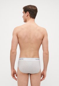 Slip in cotone grigio con vita elastica bianca, con logo "Calvin Klein". Il design è semplice e aderente.