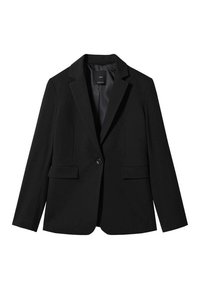 Musta bleiseri, jossa on huippulapelit, yksittäinen nappikiinnitys, kaksi etutaskua ja sileä vuoritus. Valmistettu kevyestä kankaasta.