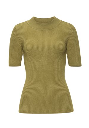 Kurzärmeliger, gerippter Strickpullover in Olivgrün mit figurbetontem Schnitt und Stehkragen.