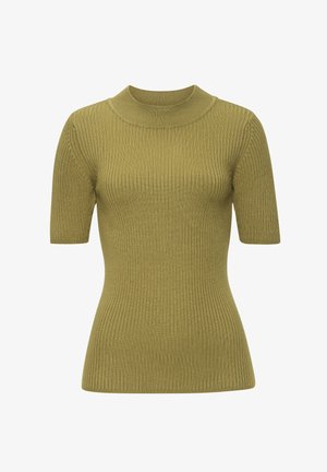 Korte mouw geribbelde gebreide trui in olijfgroen met een getailleerde pasvorm en een hoge kraag.