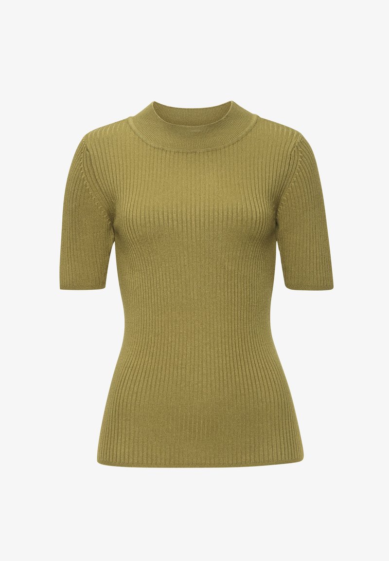 Kurzärmeliger, gerippter Strickpullover in Olivgrün mit figurbetontem Schnitt und Stehkragen.