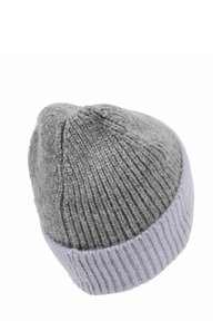 Knitted beanie in light gray with a lavender ribbed cuff. Smooth texture with a tapered top and visible stitching pattern.