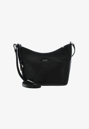 Sac à épaule en cuir noir avec un design incurvé, quincaillerie en acier inoxydable et une bandoulière ajustable. Il présente une texture lisse et une fermeture zippée sur le dessus.