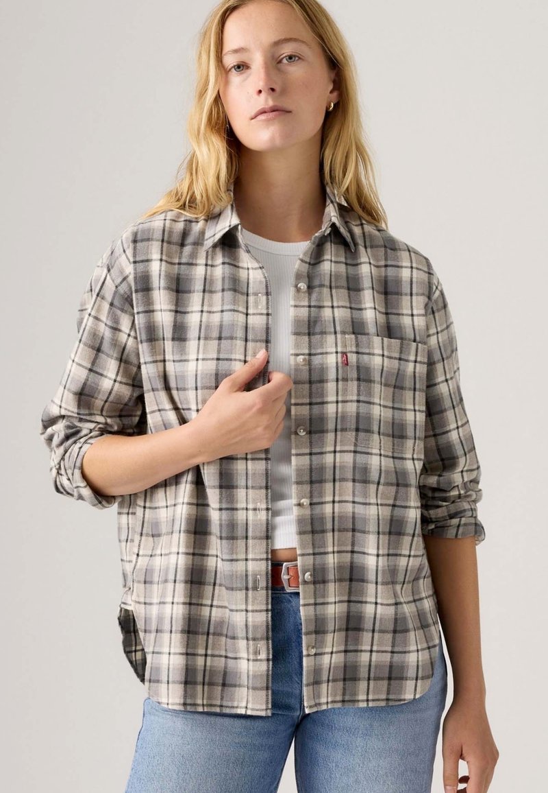 Camicia di flanella a quadri con tonalità di beige e grigio, con bottoni frontali, taschino sul petto e maniche arrotolate. Indossata sopra un top a righe bianco.