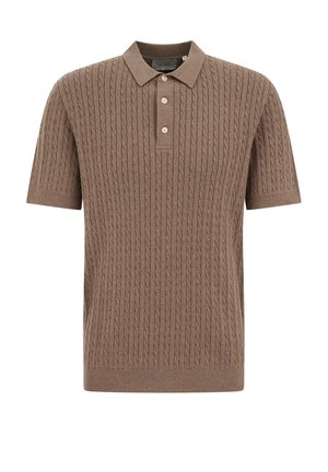 Polo marron à manches courtes en maille torsadée, avec trois boutons et un col, des poignets et un ourlet côtelés.
