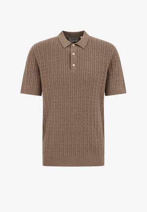 Polo marron à manches courtes en maille torsadée, avec trois boutons et un col, des poignets et un ourlet côtelés.