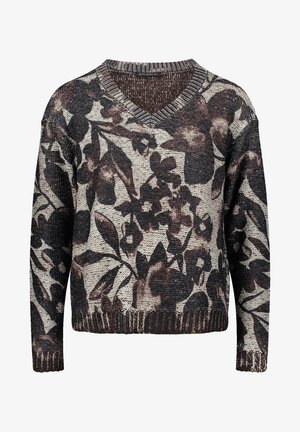 Sweter dzianinowy z dekoltem w kształcie litery V, z kwiatowym wzorem w ciemnych brązach na jasnym tle, teksturowana tkanina i ściągacze.