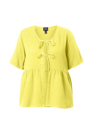Żółta teksturowana bluzka z krótkim rękawem, okrągłym dekoltem oraz dwoma wiązaniami z przodu nad marszczonym pasem.