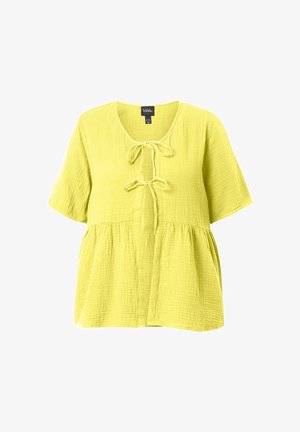 Żółta teksturowana bluzka z krótkim rękawem, okrągłym dekoltem oraz dwoma wiązaniami z przodu nad marszczonym pasem.