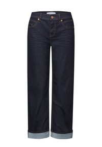 Vaqueros de mezclilla azul oscuro con corte recto, dobladillo de color azul claro con vuelta, bolsillos frontales y cierre de botón metálico. Textura suave con costuras sutiles.