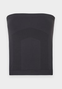 Haut noir sans bretelles avec une texture côtelée au centre. Tissu lisse, coupe ajustée, et bande élastique en haut pour un maintien sûr.