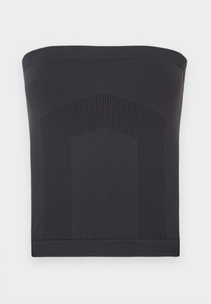 Black strapless top with ribbed texture at the center. Smooth fabric, fitted shape, and elastic band at the top for secure fit.