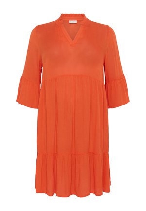 Oranž, põlvepikkune kleit, mis on valmistatud kergest materjalist. Omab V-kaelust, lillakujulist kaelust ja laienevaid varrukaid. Sisaldab astmelist allosa disaini.