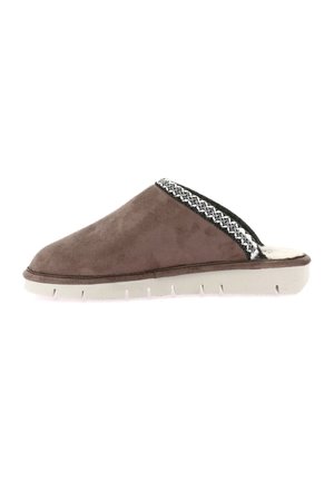 Pantofole in suede marrone con forma arrotondata, caratterizzate da un'accattivante accentuazione tessuta in bianco e nero lungo il bordo superiore e una leggera suola in gomma.
