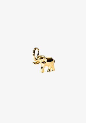 Kleine glänzende goldene Elefantenfigur mit erhobenem Rüssel, glatter Oberfläche und detaillierten Ohren und Beinen vor weißem Hintergrund.