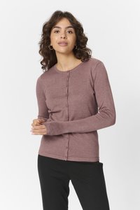 Langdurige mouw, knoopsluiting cardigan in mauve gebreide stof met een ronde halslijn, met subtiele ribbels en een slim fit.