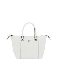 Borsa tote in pelle bianca con cuciture nere, doppi manici, dettagli hardware circolari e una piccola accentatura blu sulla cerniera.