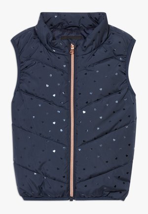Veste matelassée bleu marine avec col montant, fermeture éclair, et motifs de cœurs métalliques. Comprend un design matelassé en diagonale et une fermeture éclair en or rose.