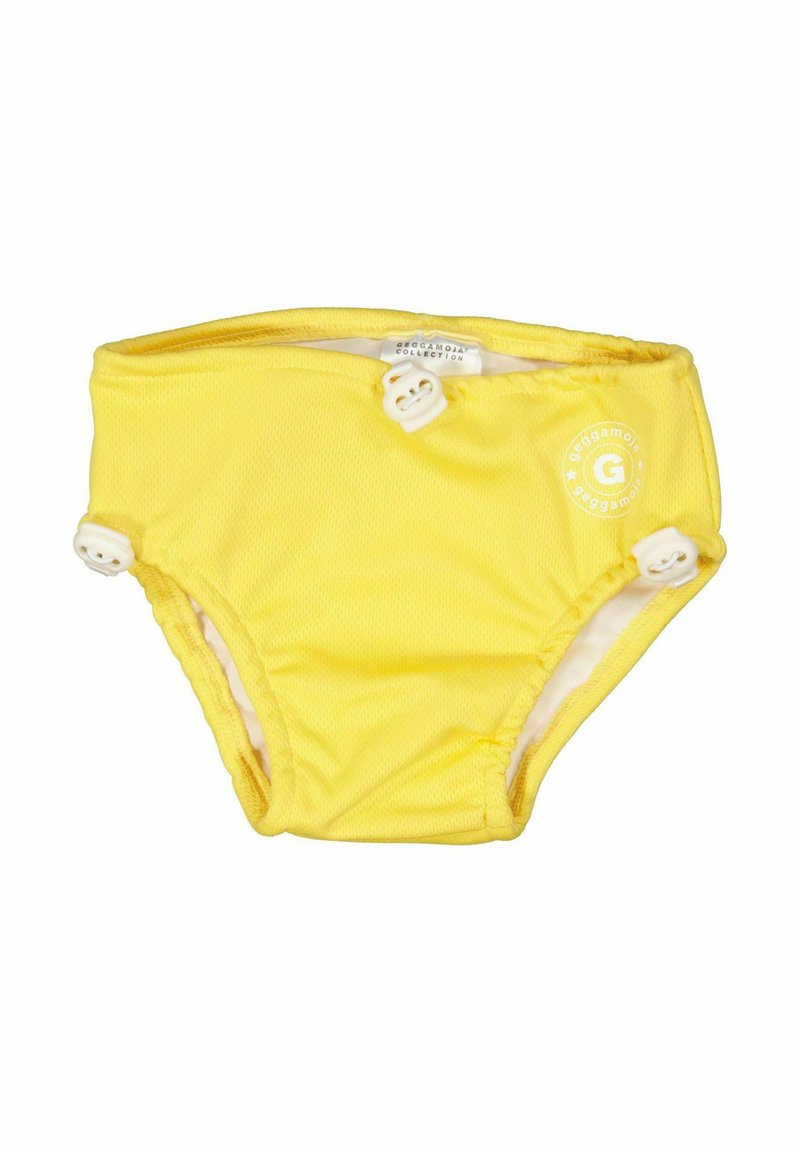 Keltainen uimapuku, joka on valmistettu sileästä kankaasta. Siinä on kaksi valkoista napinläpeä sivuilla ja logo-yksityiskohta. Pehmeä sisävuori tarjoaa mukavuutta.