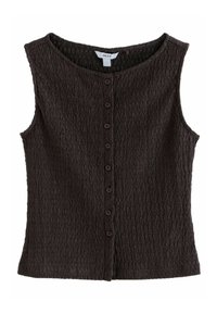 Haut sans manches marron foncé avec une surface texturée et un col rond. Présente une fermeture à boutons sur le devant avec des boutons assortis.